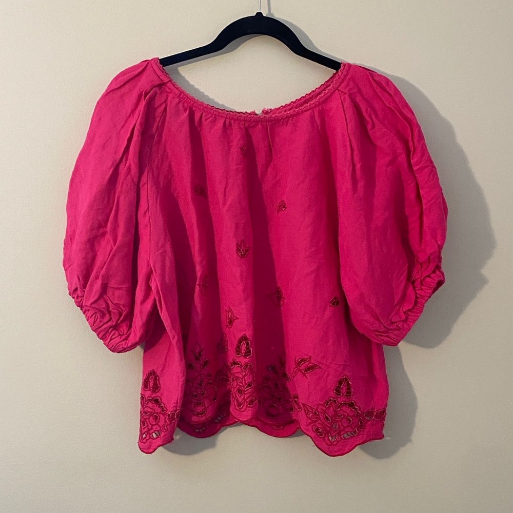 Anthropologie Bright Hot Pink Linen Blend Embroidered Peasant Blouse Barbiecore